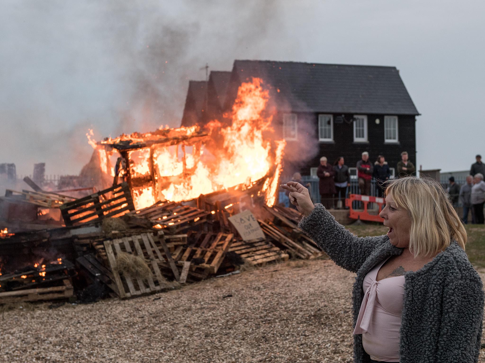 Demonstrators in Whitstable from the Fishing for Leave group set a boat alight as they protest against the transition deal in April