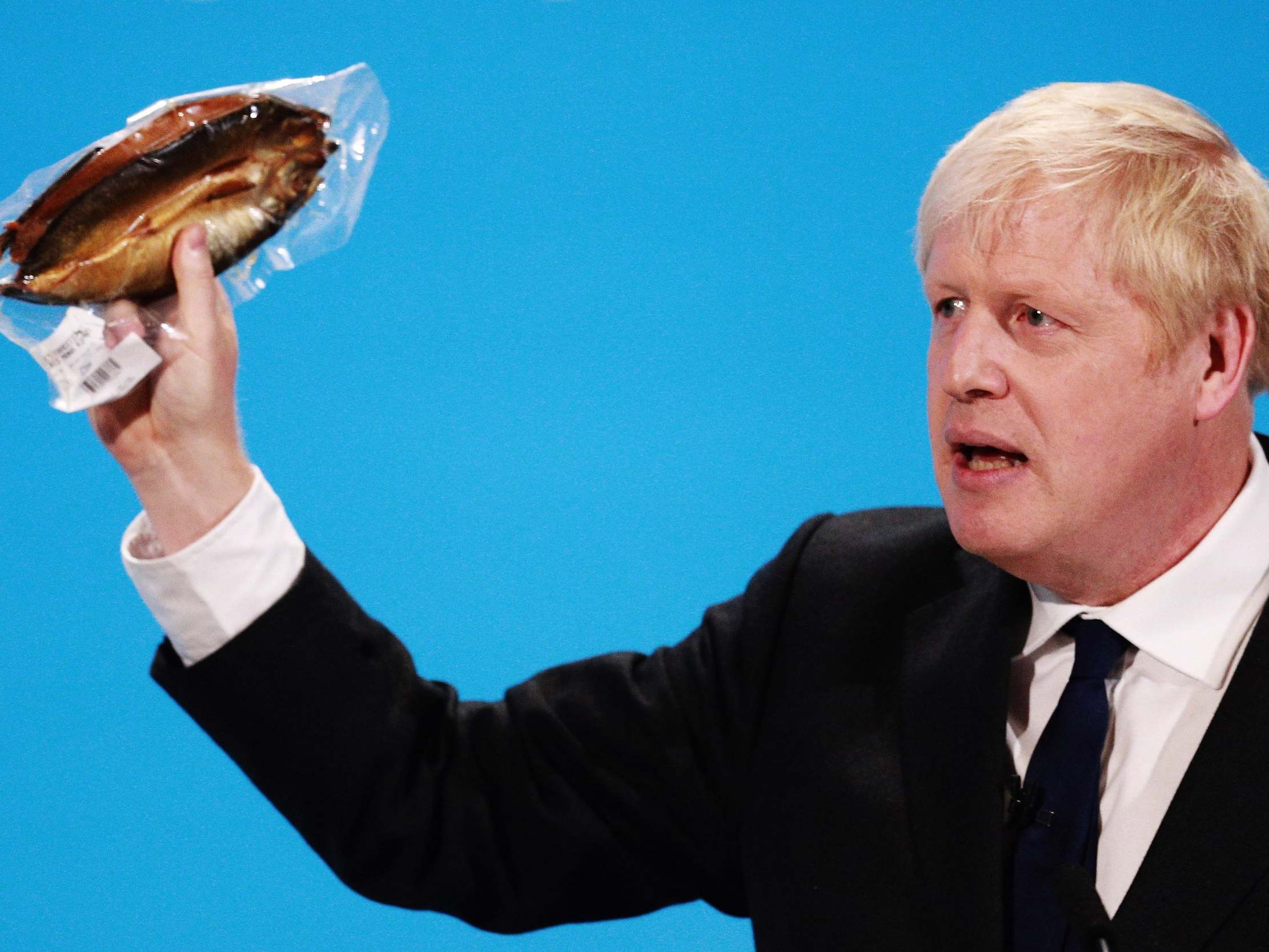 Holding a kipper at the final hustings of the Conservative leadership campaign in July, 2019