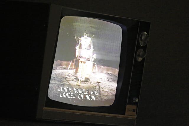 An image on a old television set of when the Lunar Module landed on the moon inside Mission Control room exactly the way it was when Apollo 11 landed on the moon still intact at the Nasa Centre, Houston, Texas
