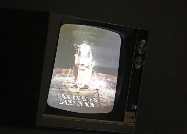 An image on a old television set of when the Lunar Module landed on the moon inside Mission Control room exactly the way it was when Apollo 11 landed on the moon still intact at the Nasa Centre, Houston, Texas