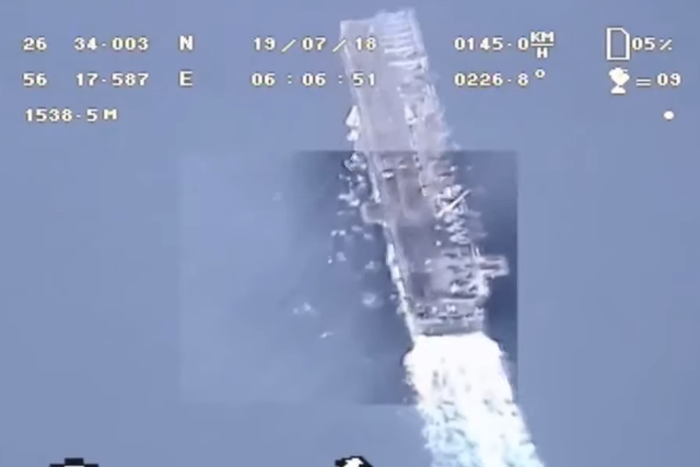 An image from the footage taken by an Iranian drone over a US warship in the Gulf