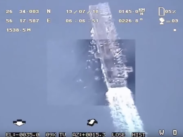 An image from the footage taken by an Iranian drone over a US warship in the Gulf