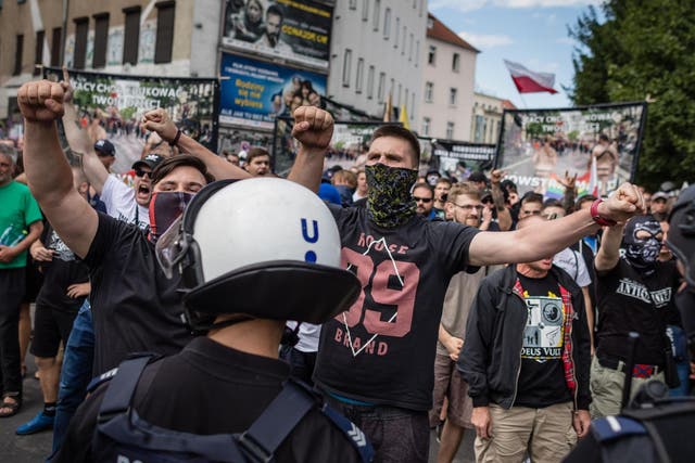 Pictured: Far-right protesters hassle Pride marchers in Poznan