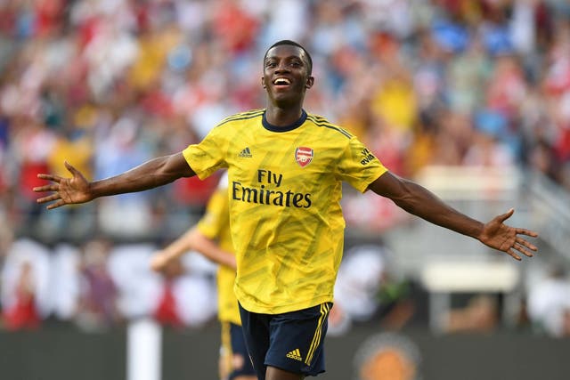 Eddie Nketiah celebrates scoring one of his two goals for Arsenal in the 3-0 win over Fiorentina