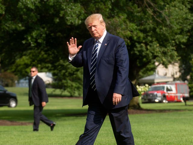 US president Donald Trump arrives to the White House in Washington, DC, on 21 July 2019 following a weekend in Bedminster, New Jersey