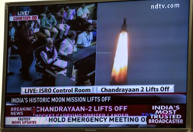 A television grab shows the launch of Chandrayaan – Moon Chariot 2 at the Satish Dhawan Space Centre in Sriharikota, an island off the coast of southern Andhra Pradesh state, in New Delhi on 22 July 2019