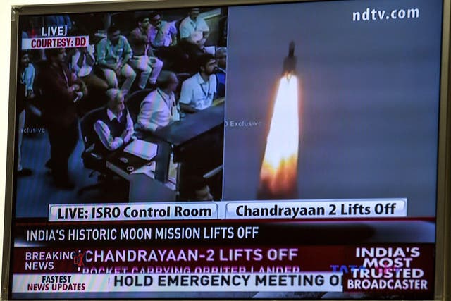 A television grab shows the launch of Chandrayaan – Moon Chariot 2 at the Satish Dhawan Space Centre in Sriharikota, an island off the coast of southern Andhra Pradesh state, in New Delhi on 22 July 2019