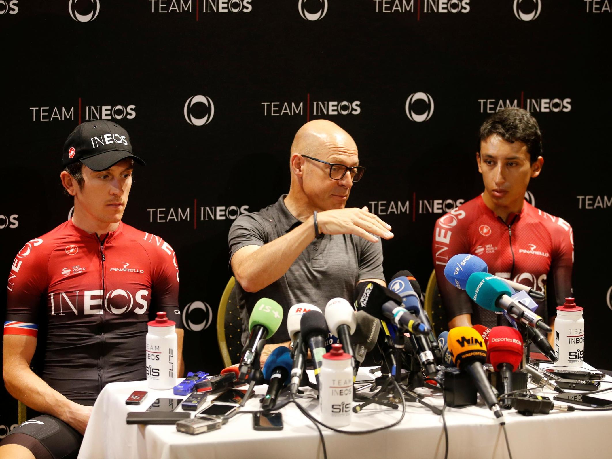 Dave Brailsford talks to reporters on the second rest day