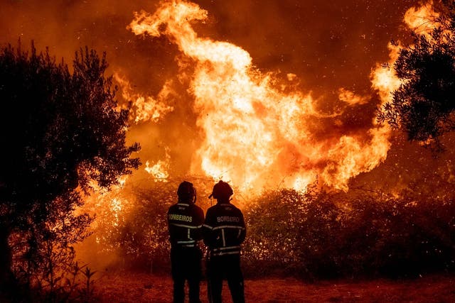 Fighters try to extinguish a wildfire near Cardigos village, in central Portugal on Sunday, July 21, 2019