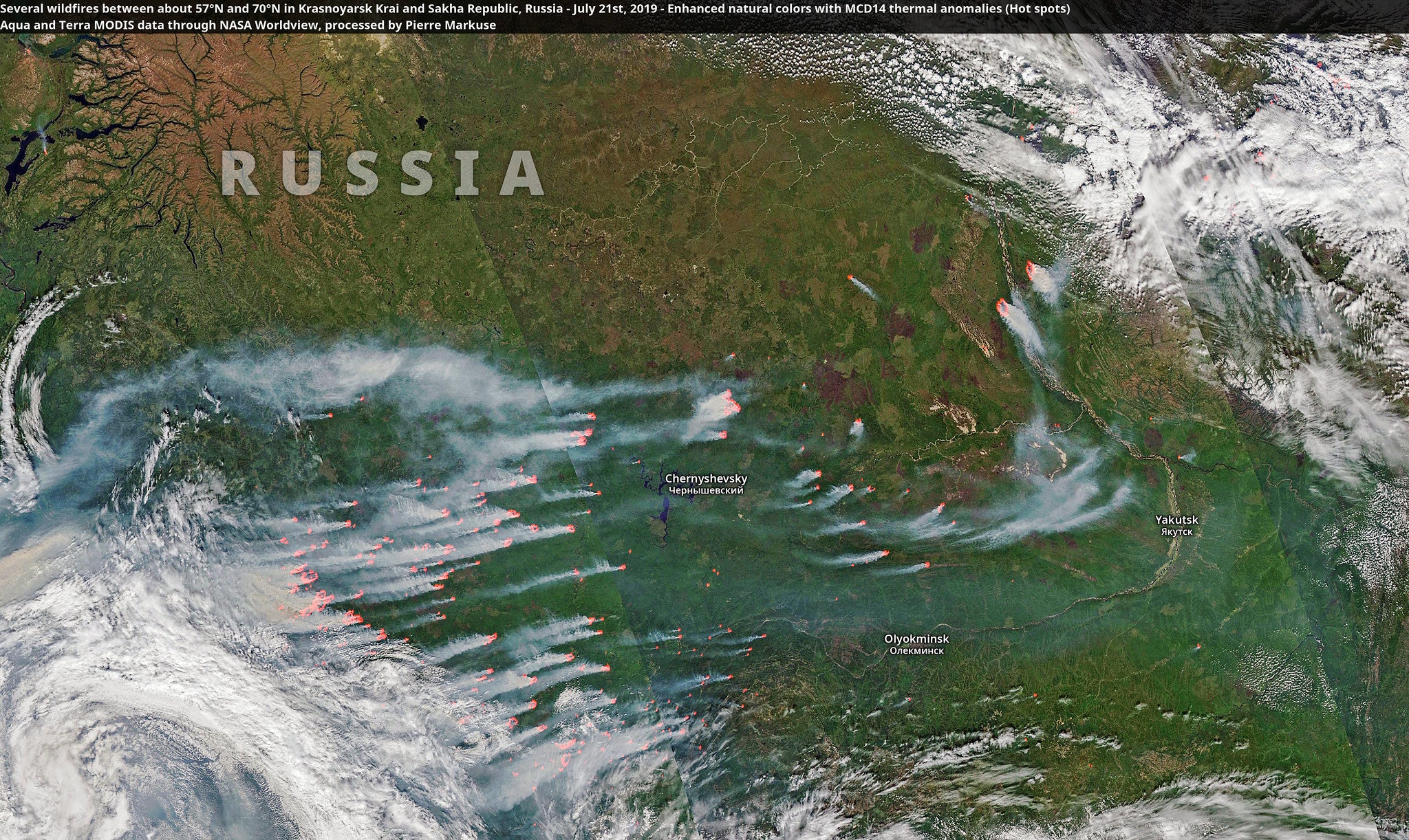 Satellite image processed by Pierre Markuse showing numerous wildfires burning in Russia just south of the Arctic Circle