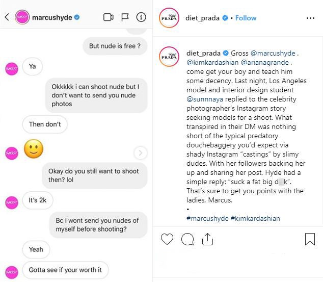 Diet Prada posts about Marcus Hyde claims on Instagram
