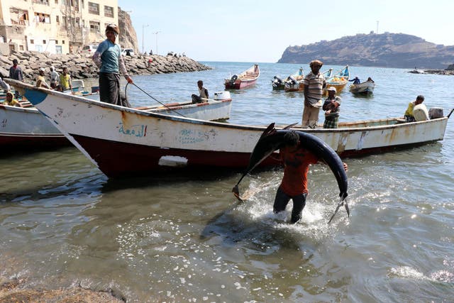 A fisherman carries a fish from a boat to a fish market in Aden
