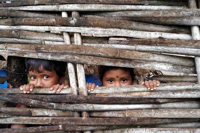 Two Chenchu children look out from their bamboo home in the forests of Telangana. They face an uncertain future