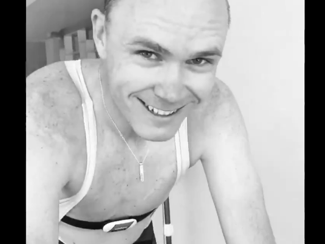 Chris Froome is videoed riding a training bike