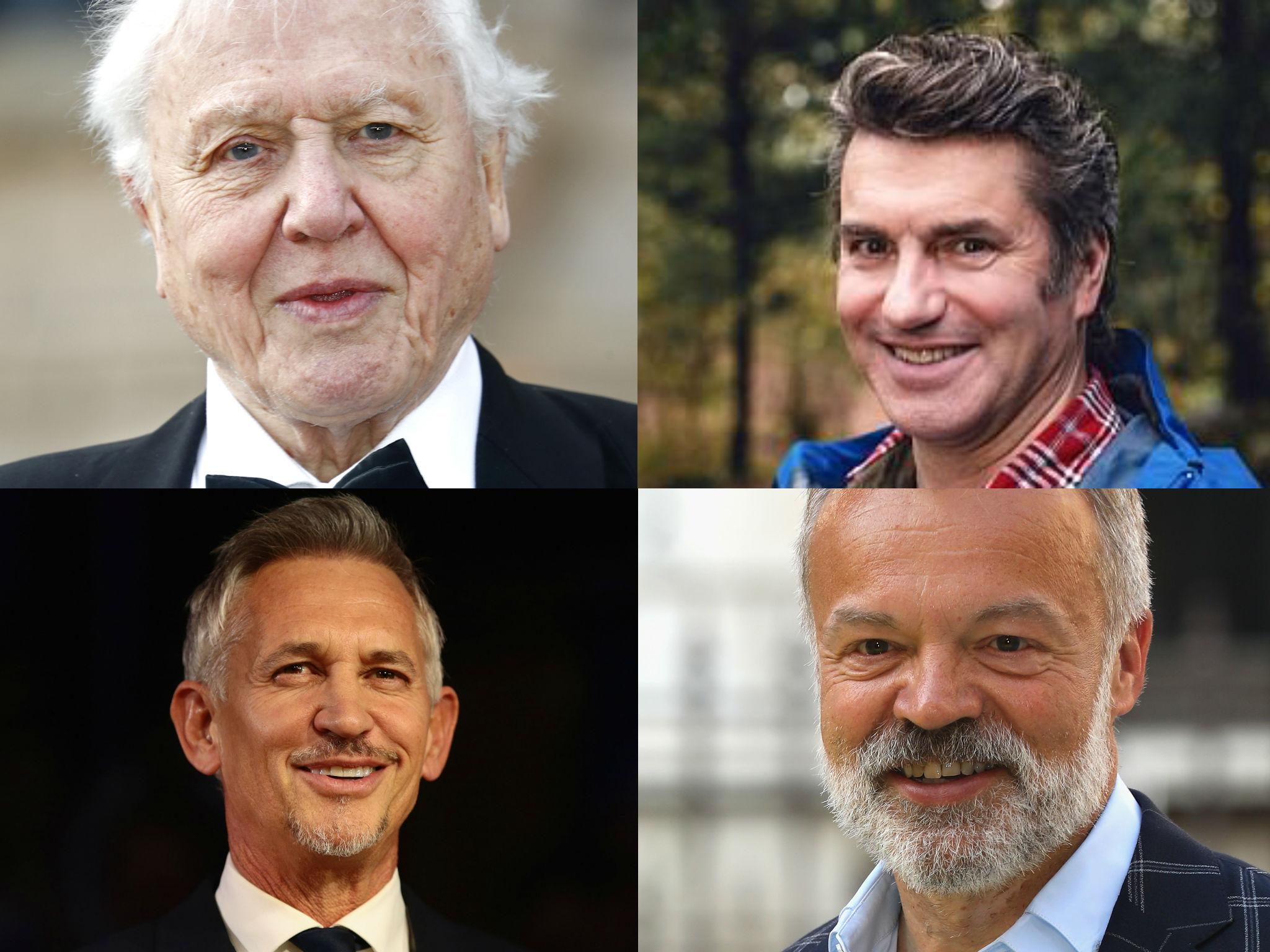 Clockwise from top left: David Attenborough, Martin Hughes-Games, Graham Norton and Gary Lineker