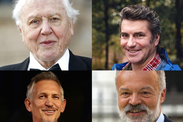 Clockwise from top left: David Attenborough, Martin Hughes-Games, Graham Norton and Gary Lineker