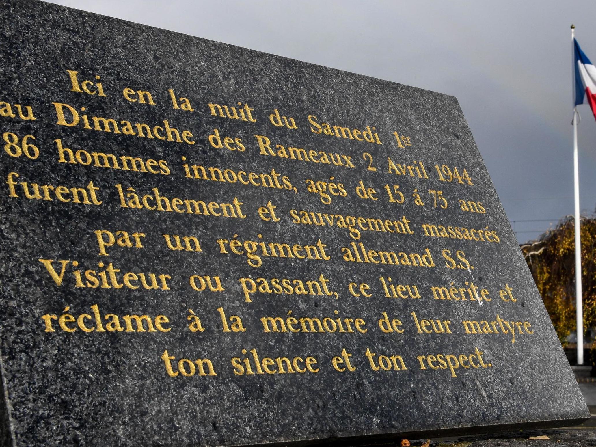 A commemorative plaque in Ascq, northern France, reminding of the 2 April, 1944, massacre of 86 civilians by an SS regiment