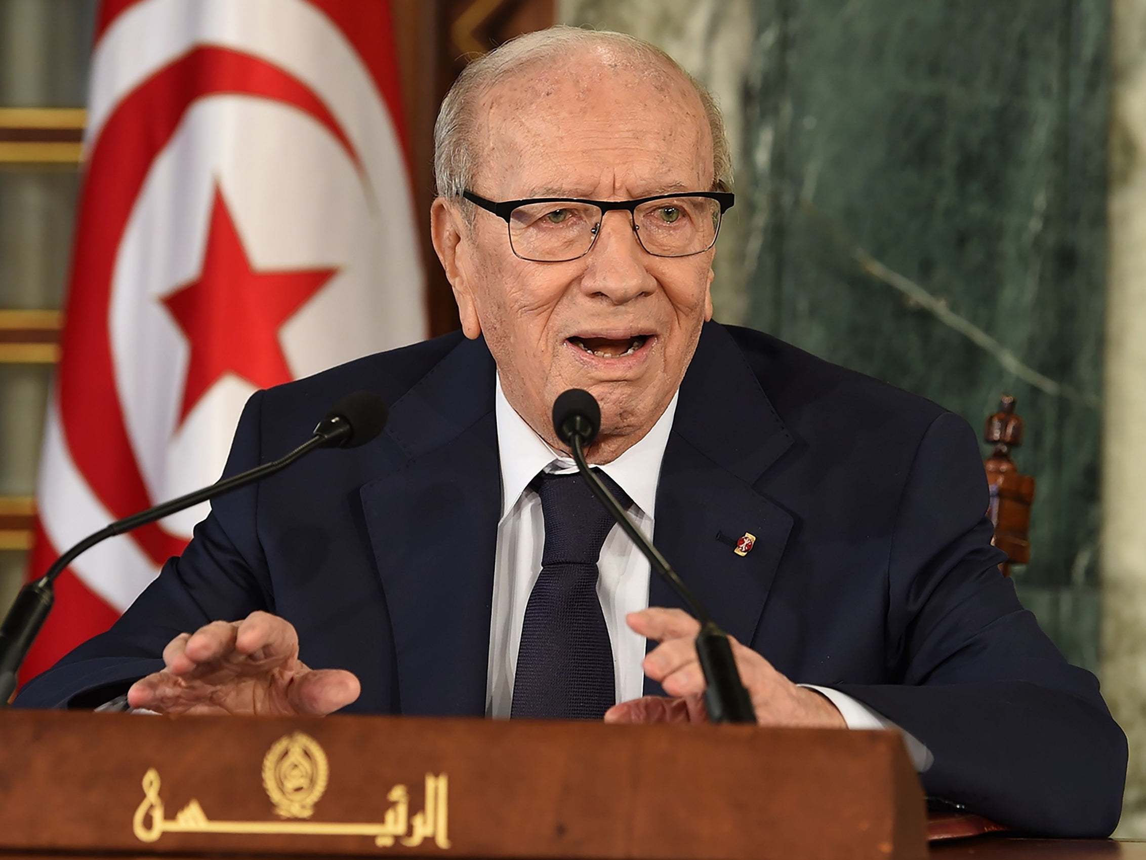 Tunisian President Beji Caid Essebsi giving a press conference in Carthage Palace near Tunis concerning the cabinet reshuffle in 2018