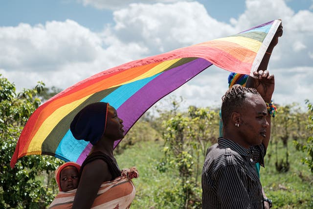 LGBT+ refugees from South Sudan, Uganda and DR Congo walk on the way to their protest to demand their protection at the office of the United Nations High Commissioner for Refugees (UNHCR) in Nairobi