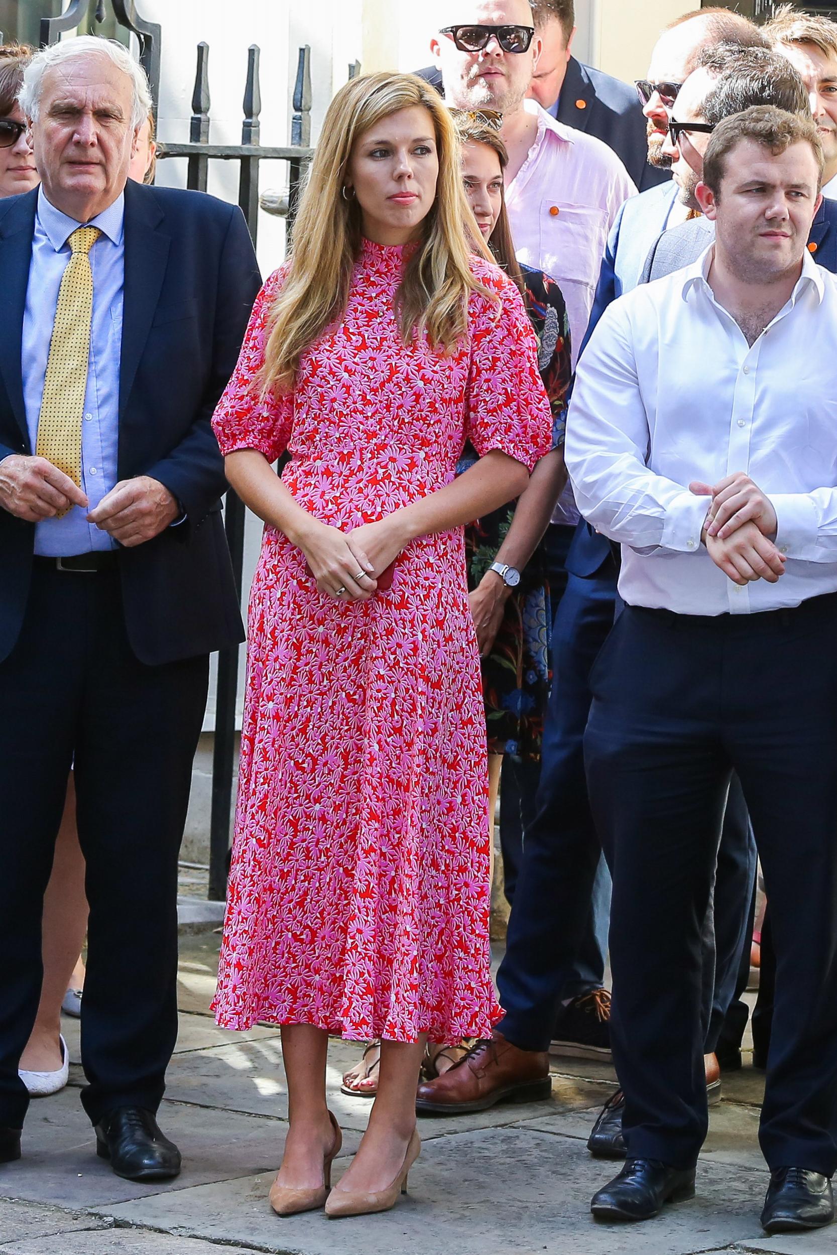 Prime Minister Boris Johnson's girlfriend Carrie Symonds waits for Boris to arrive at Number 10, Downing Street on July 24, 2019 in London, England.