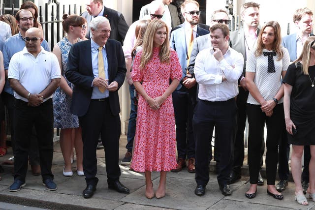 New Prime Minister Boris Johnson's girlfriend Carrie Symonds waits for Boris to arrive at Number 10, Downing Street on July 24, 2019 in London, England.