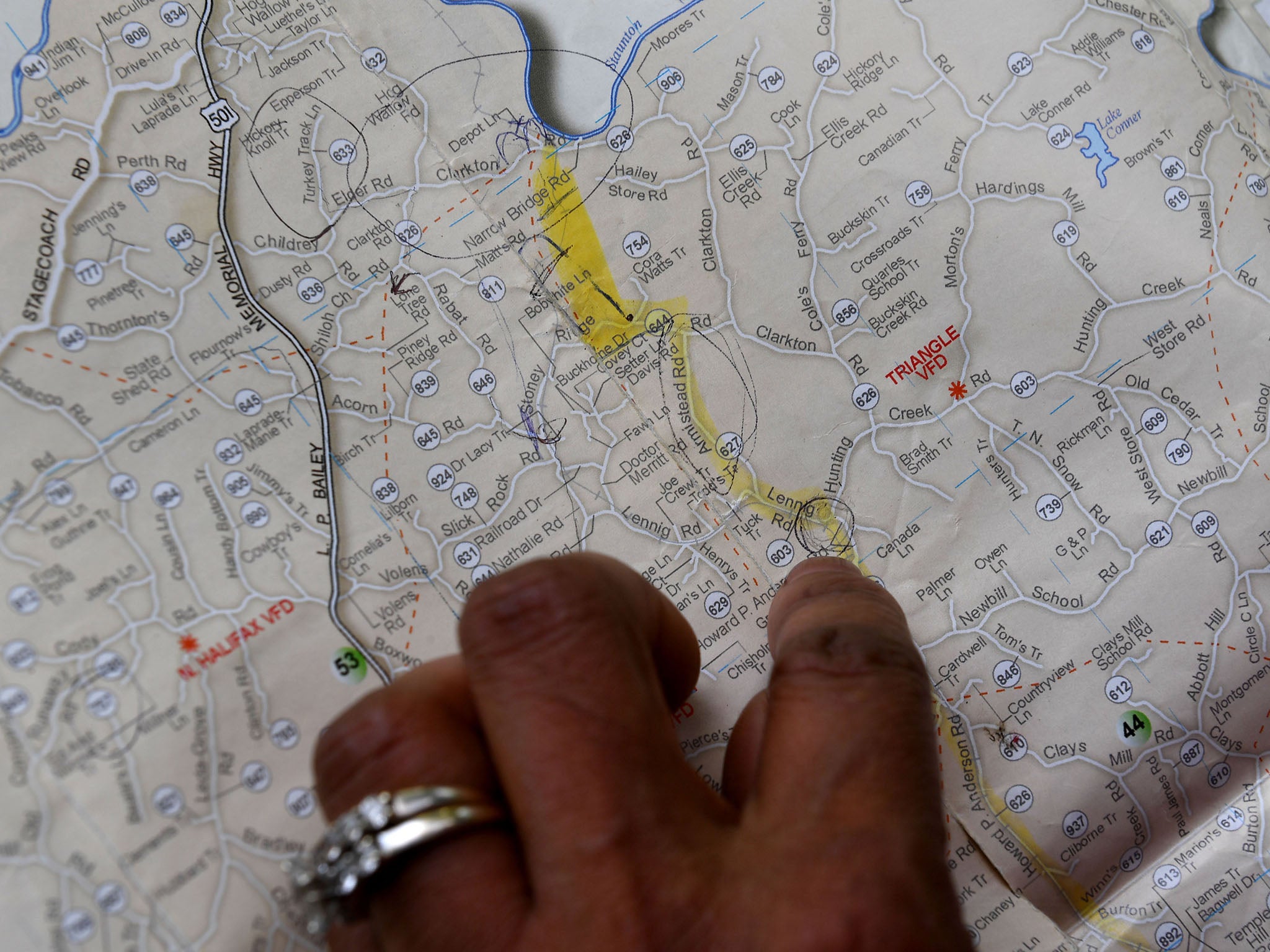 Melinda Hyman points out where her great-great-grandfather had a farm in Nathalie, Virginia