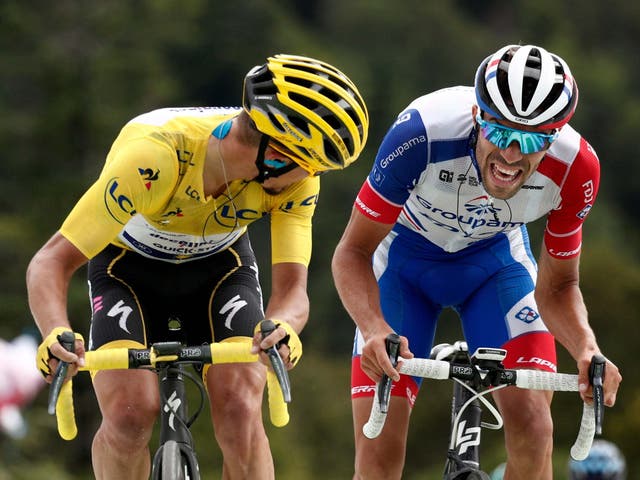 France's Julian Alaphilippe, left, and Thibaut Pinot