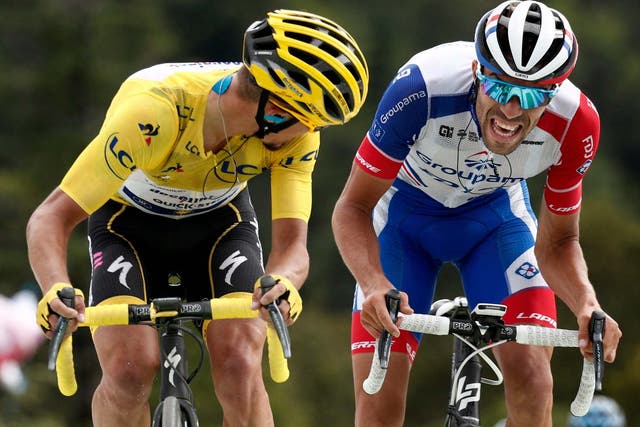 France's Julian Alaphilippe, left, and Thibaut Pinot