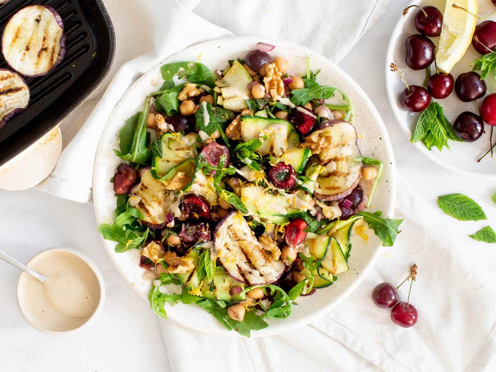 Grilled tahini aubergine, chickpea and cherry salad (Recipe from Mindfulchef.com)