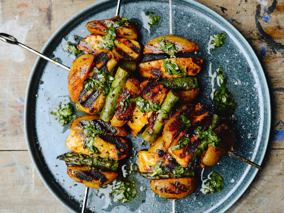 Harissa potato, halloumi and asparagus with coriander and lemon oil skewers