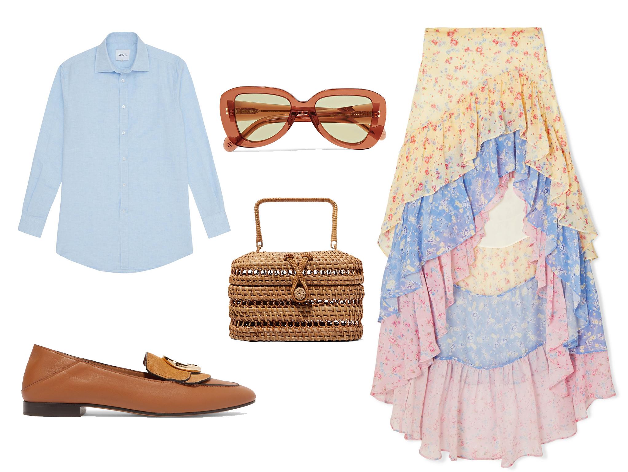 With Nothing Underneath weave shirt: £80, Chloé C logo-embellished suede and leather collapsible-heel loafers: £495, Zimmerman Juno D-frame acetate sunglasses: £200, LoveShackFancy Lisette asymmetric ruffled floral-print silk-georgette skirt: £612.31.