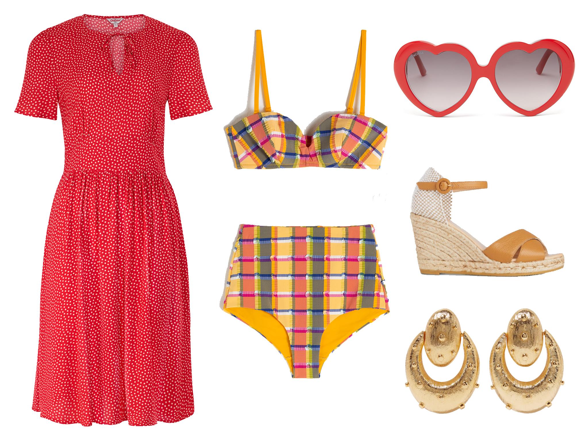 Cath Kidston scattered spot tea dress: £75, &amp; Other Stories padded plaid bandeau bikini top; £27, &amp; Other Stories high waisted plaid bikini bottoms: £27, Balenciaga heart acetate sunglasses: £310, LK Bennett Angele tan leather espadrille sandals: £150, Kenneth Jay Lane gold-tone clip earrings: £90.