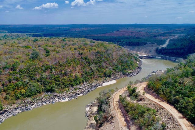 An aerial view shows the Rufiji river flowing through the ranges during the launch of the construction of the Rufiji Hydro Power project
