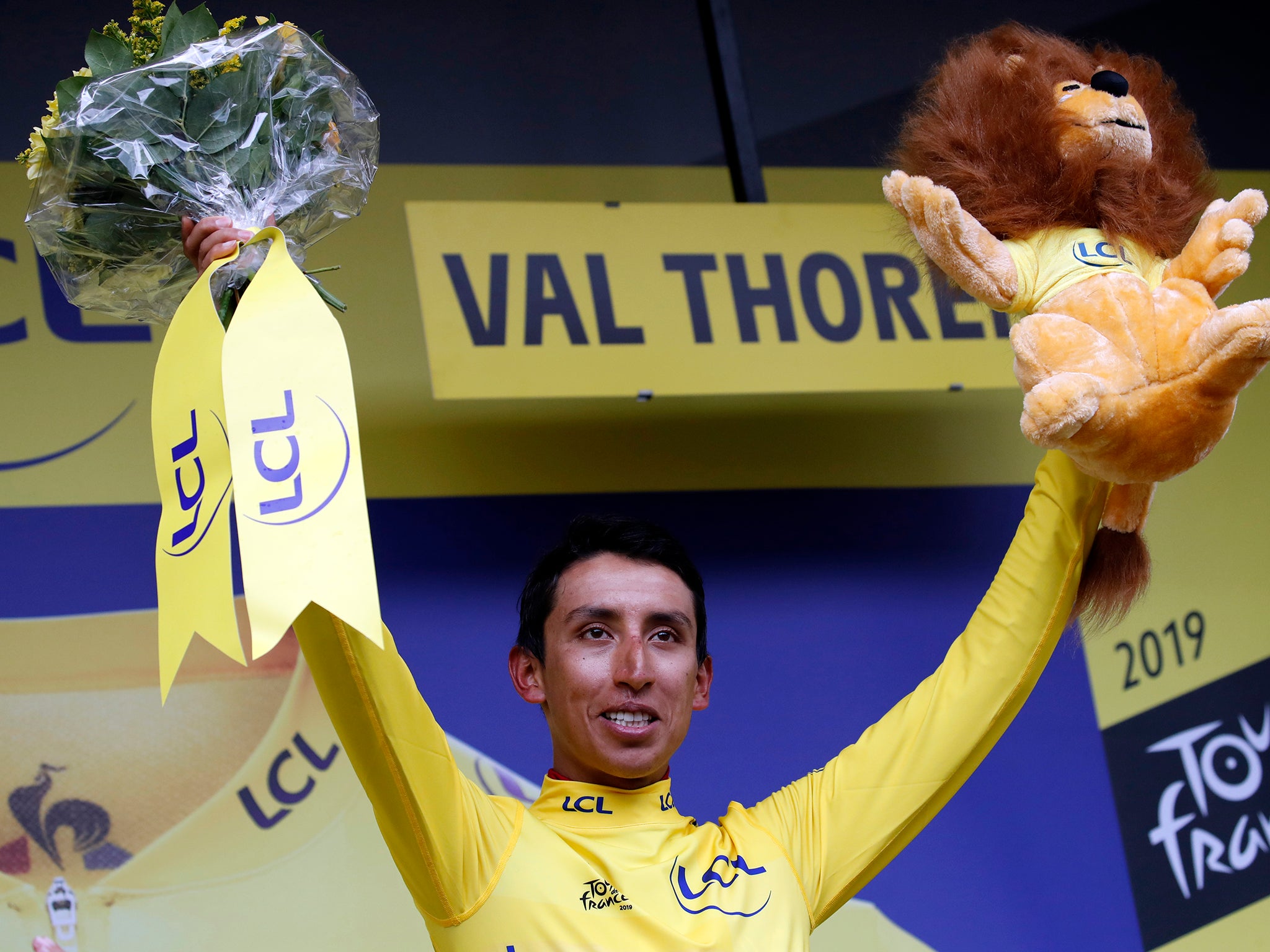 Egan Bernal celebrates his Tour triumph after finishing the penultimate stage more than a minute in front
