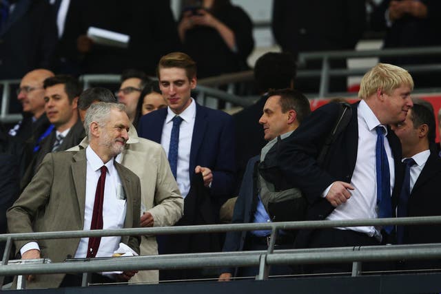 Jeremy Corbyn and Boris Johnson at a match between England and France at Wembley Stadium on November 17, 2015