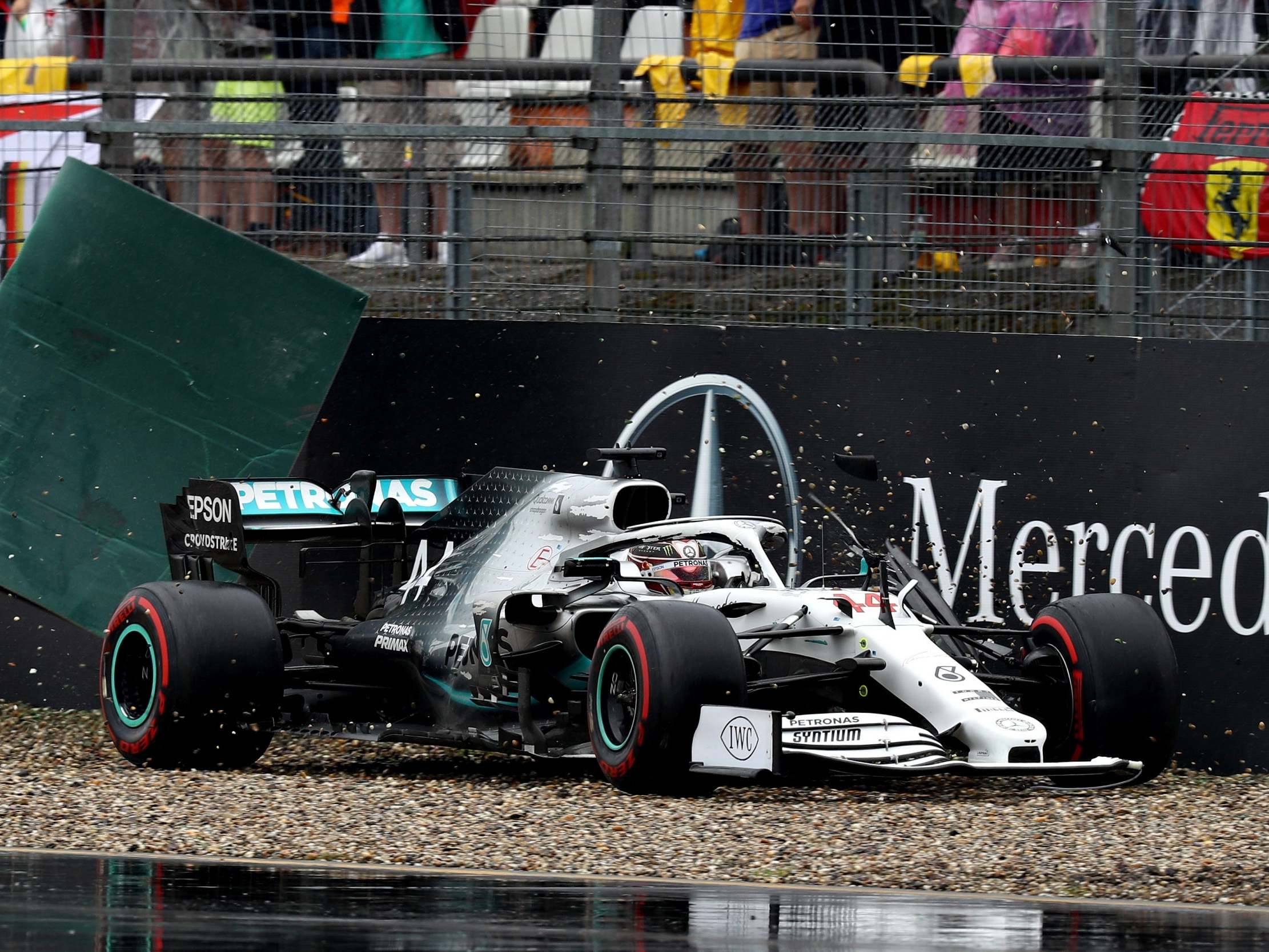 Lewis Hamilton goes off at the penultimate corner while leading the German Grand Prix