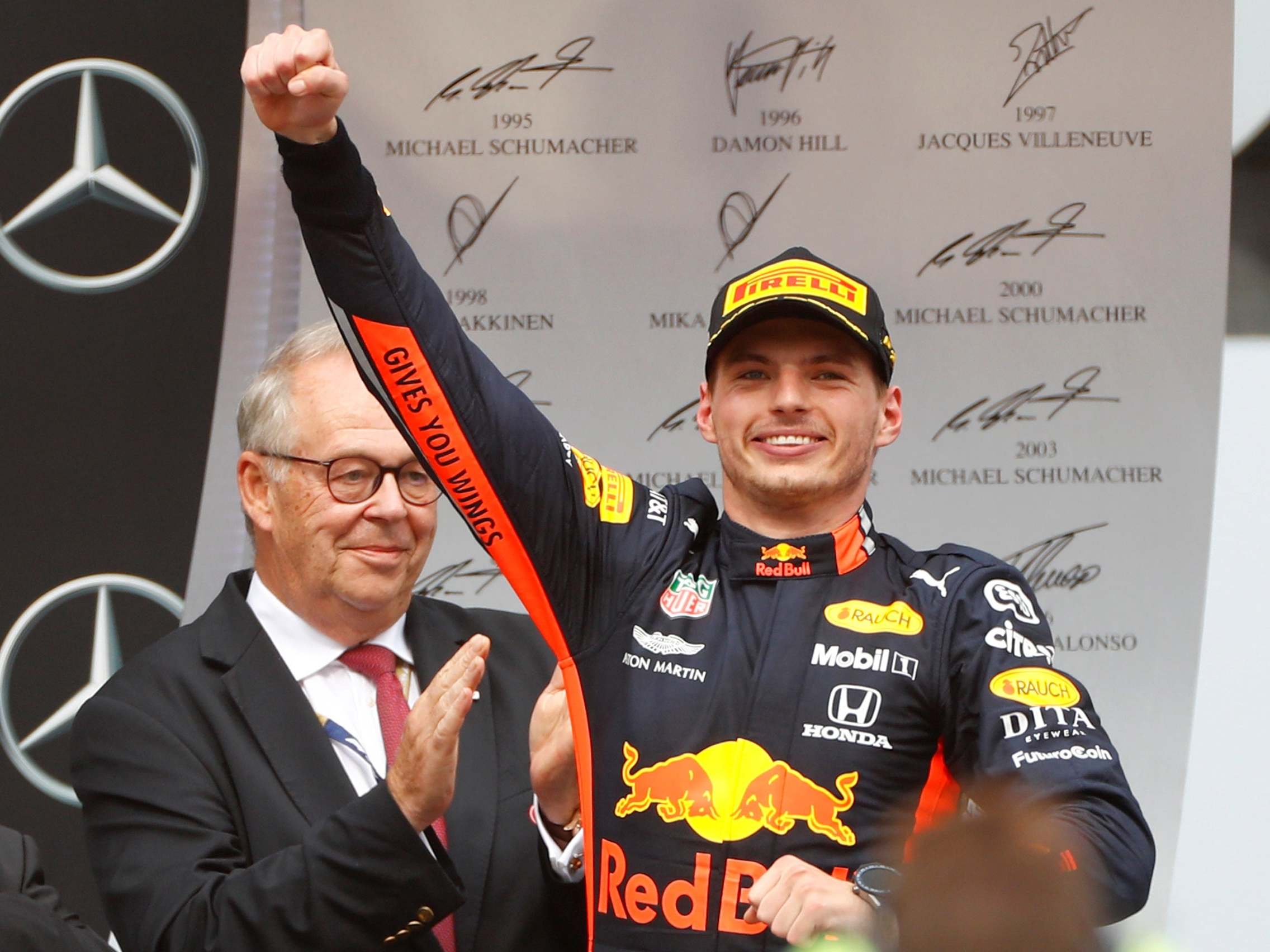 Max Verstappen celebrates winning the German Grand Prix at Hockenheim