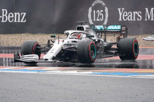 Lewis Hamilton recovers after spinning into the wall during the German Grand Prix