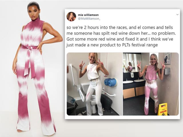Jumpsuit inspired by viral wine-spilled outfit
