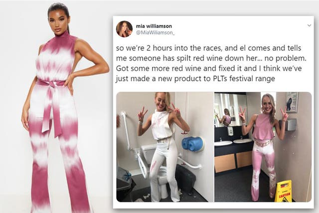 Jumpsuit inspired by viral wine-spilled outfit