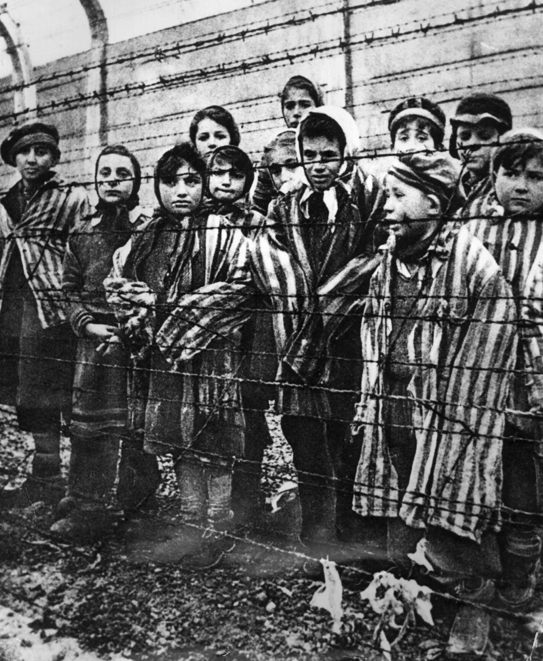 Child survivors at Auschwitz-Birkenau on 27 January 1945, when the camp was liberated by the Red Army