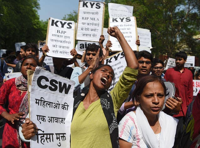 Indian activists protest over rape cases including Unnao at a rally in Delhi in April 2018