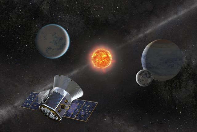 Artist concept of TESS observing an M dwarf star with orbiting planets