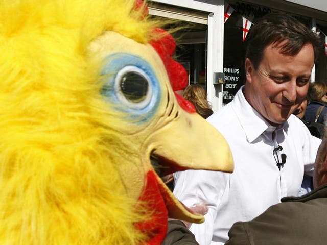 David Cameron walking around Tamworth in Staffordshire followed by a man dressed as a chicken, working for the Daily Mirror newspaper