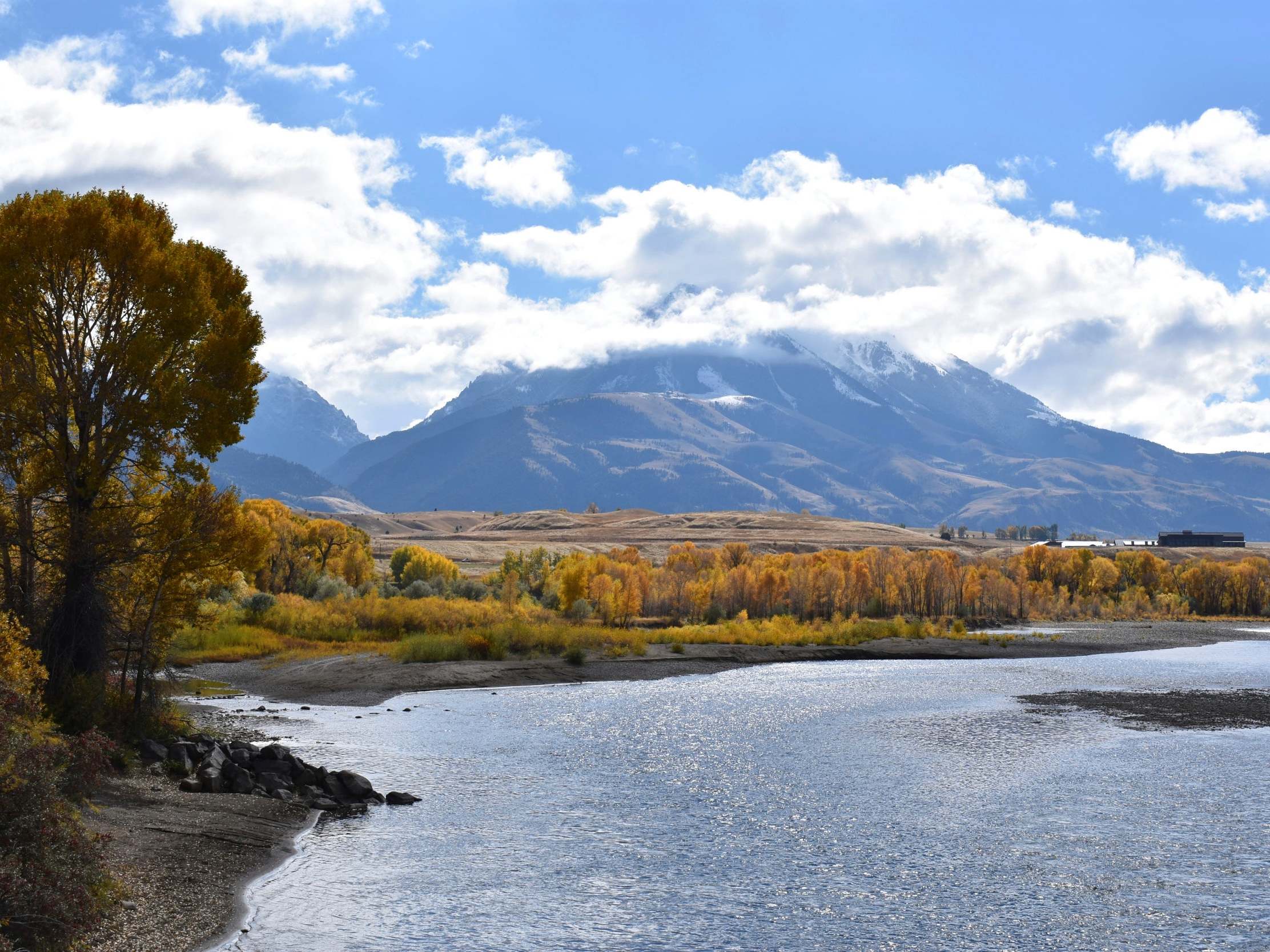 Emigrant Peak is seen rising above the Paradise Valley and the Yellowstone River near Emigrant, Montana
