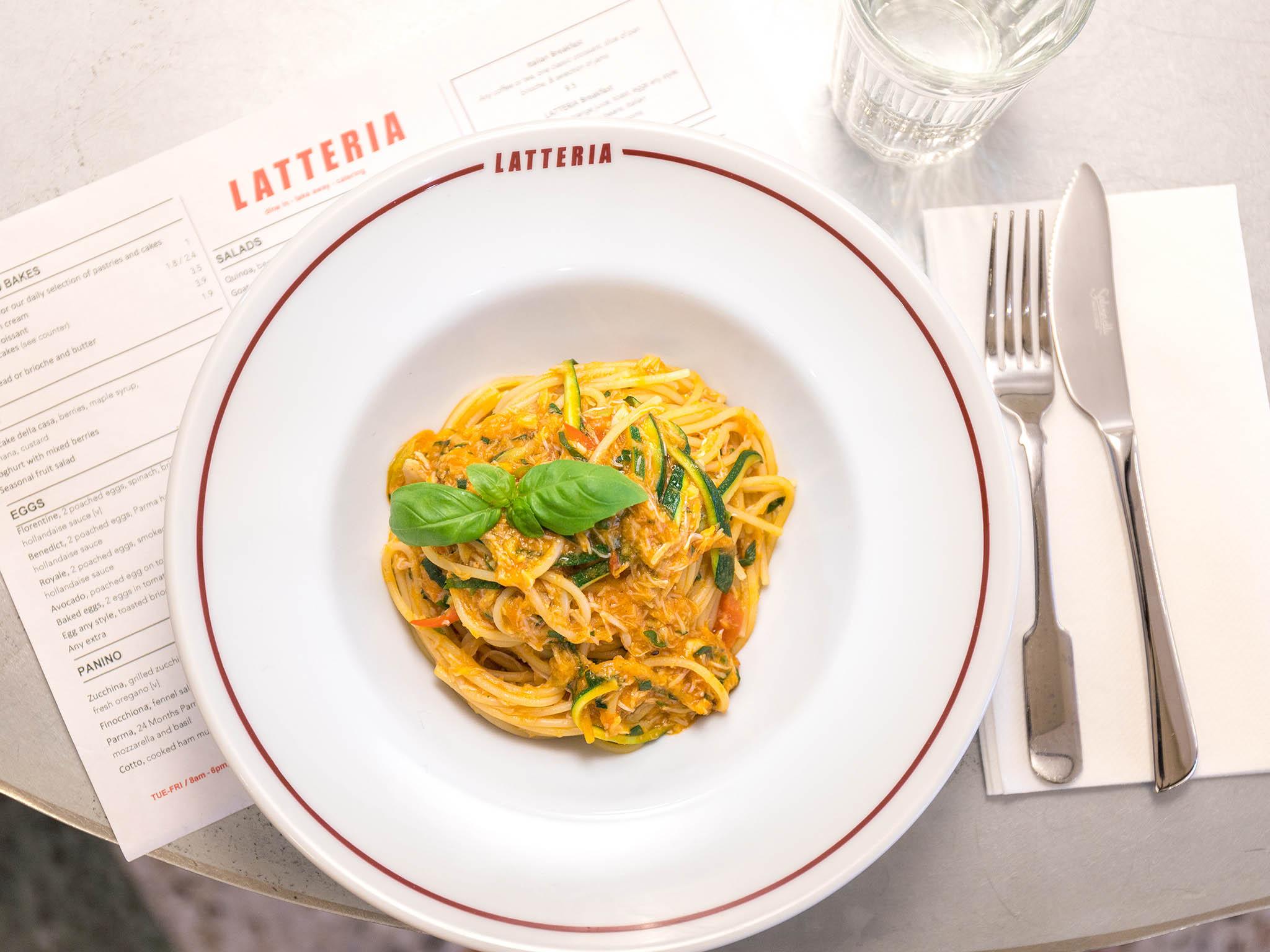 Devon crab spaghetti with thin strips of courgette is one of the signature dishes