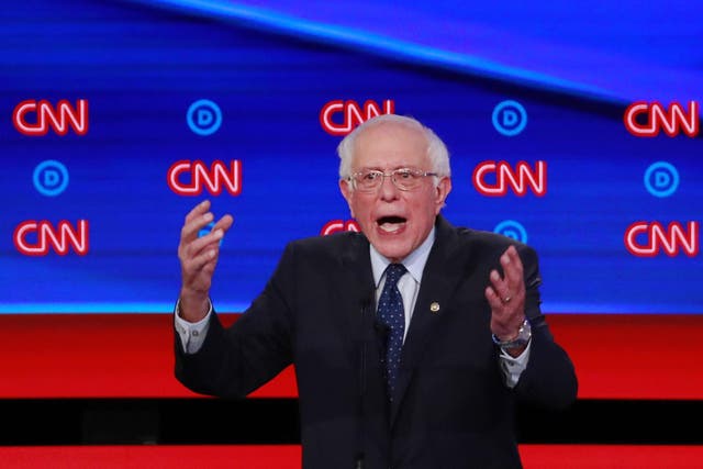 Senator Bernie Sanders speaks on the first night of the second 2020 Democratic US presidential debate in Detroit, Michigan