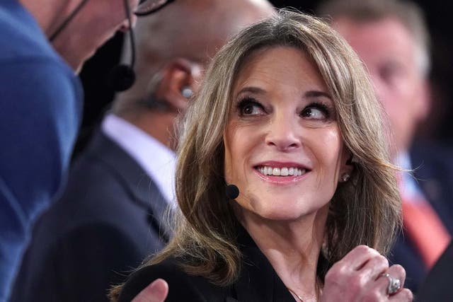 Democratic presidential candidate Marianne Williamson prepares for a television interview after the Democratic Presidential Debate