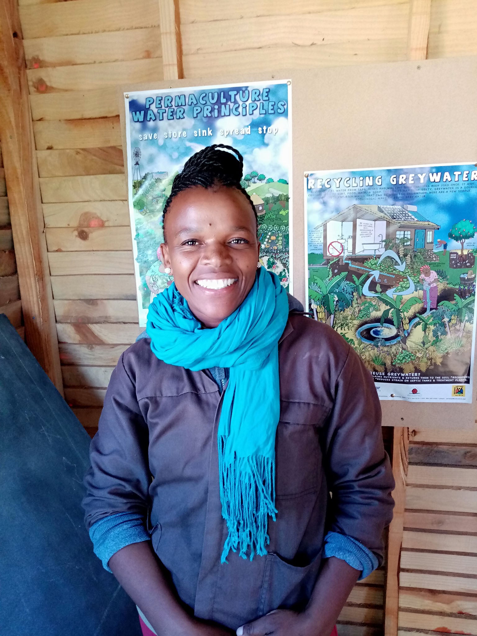 Zozo at the Masakhane Community Farm, in the shed where she teaches local people how to grow their own food