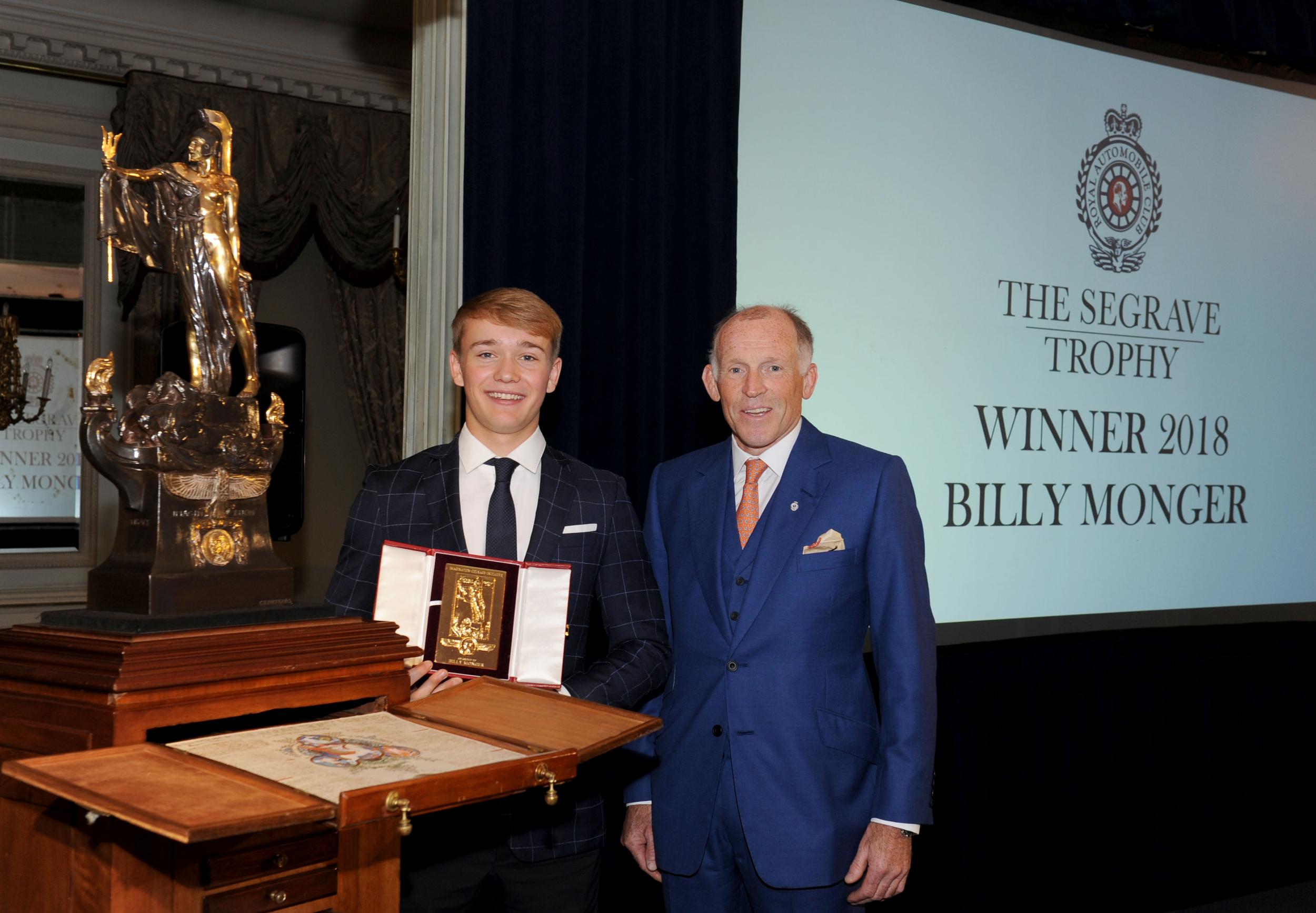 Class act: Billy Monger presented with the Segrave Trophy by Ben Cussons, chairman of the Royal Automobile Club